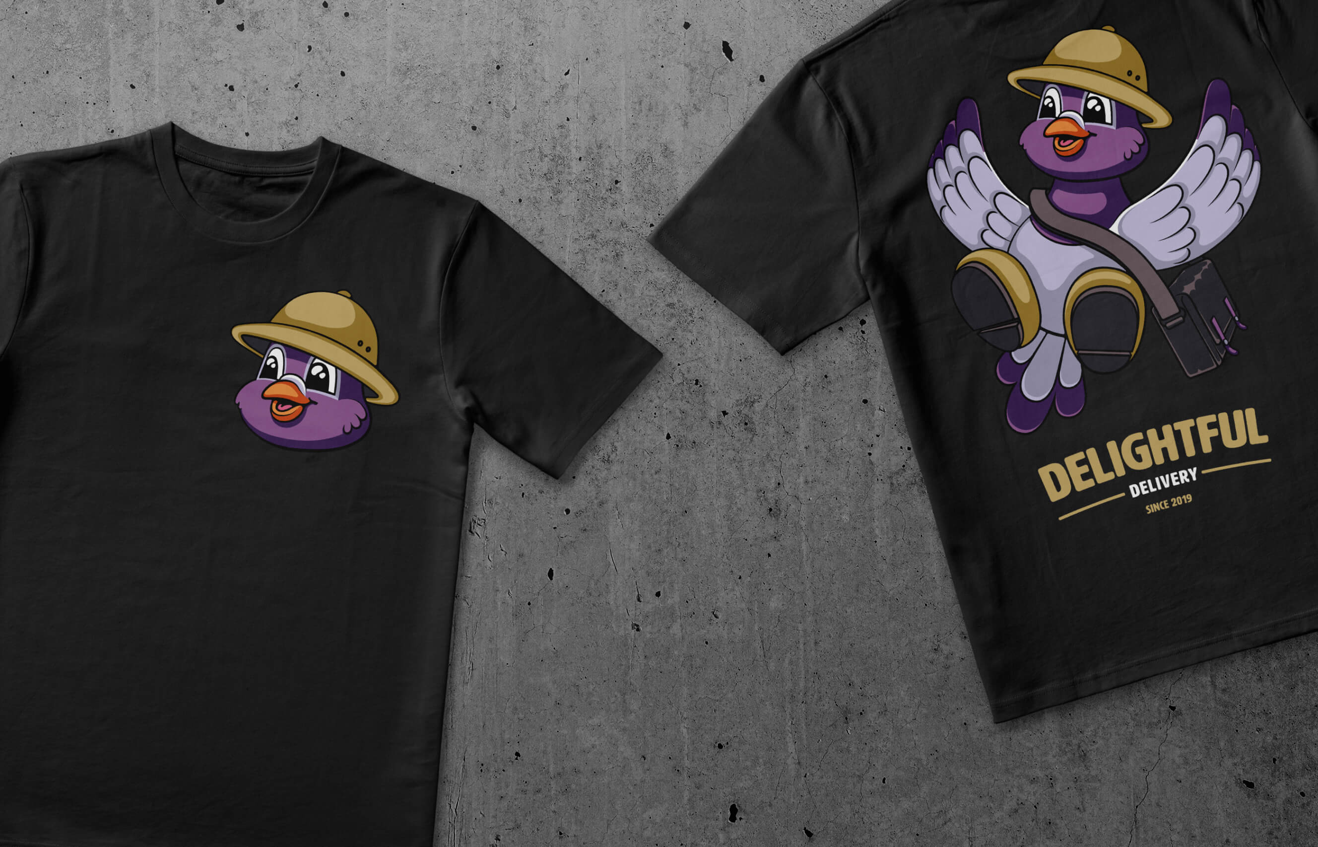 Courier t-shirt sitting on concrete with Pip's head with a safari hat on the left breast. Another t-shirt showing the back, with Pip landing with a messenger bag. Reads Delightful Delivery Since 2019.