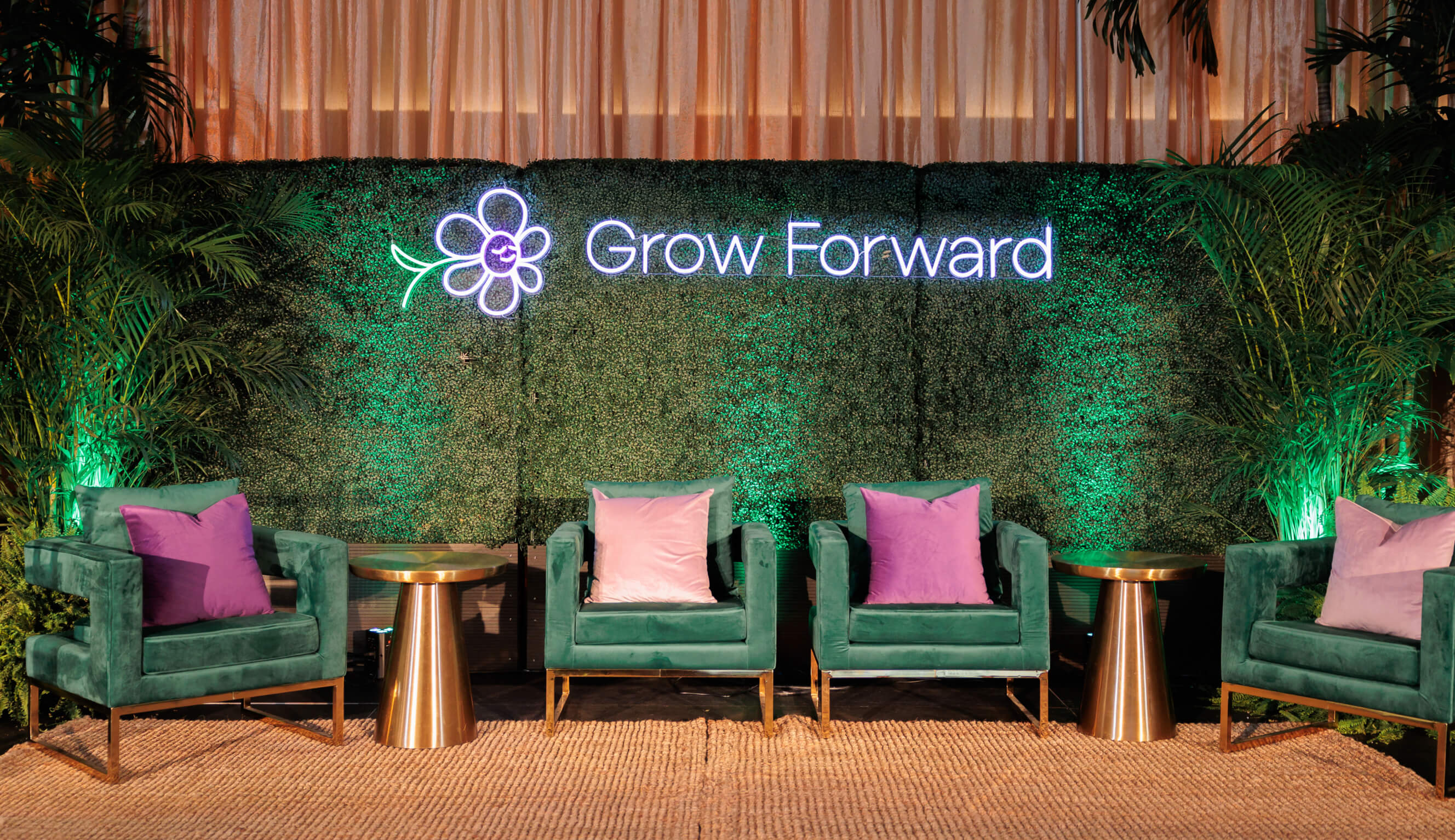 Image of the Grow Forward stage: four green empty chairs with pink and purple pillows, surrounded by foliage, and illuminated by a neon Grow Forward sign.