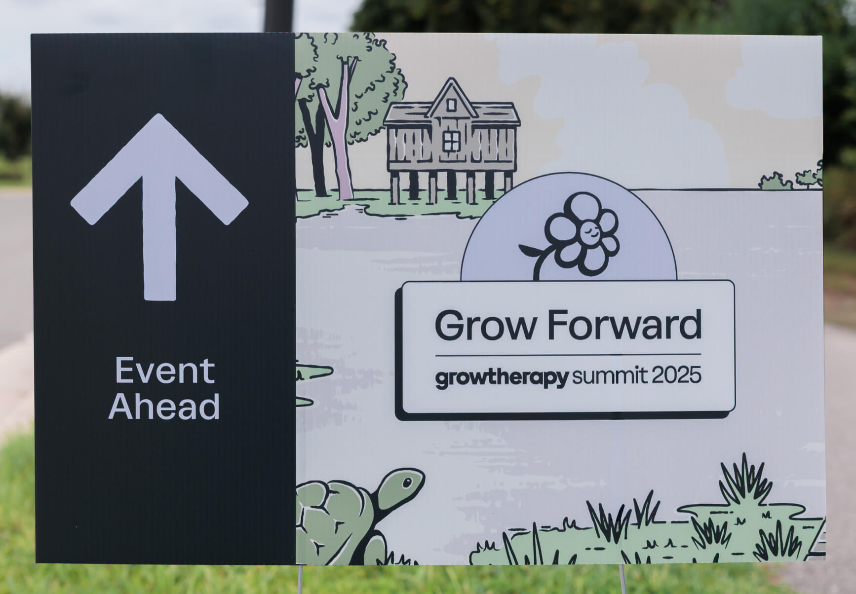 Outdoor Grow Forward wayfinding sign. Points ahead. An illustration with a tortoise and wetlands sits below the Grow Forward logo.