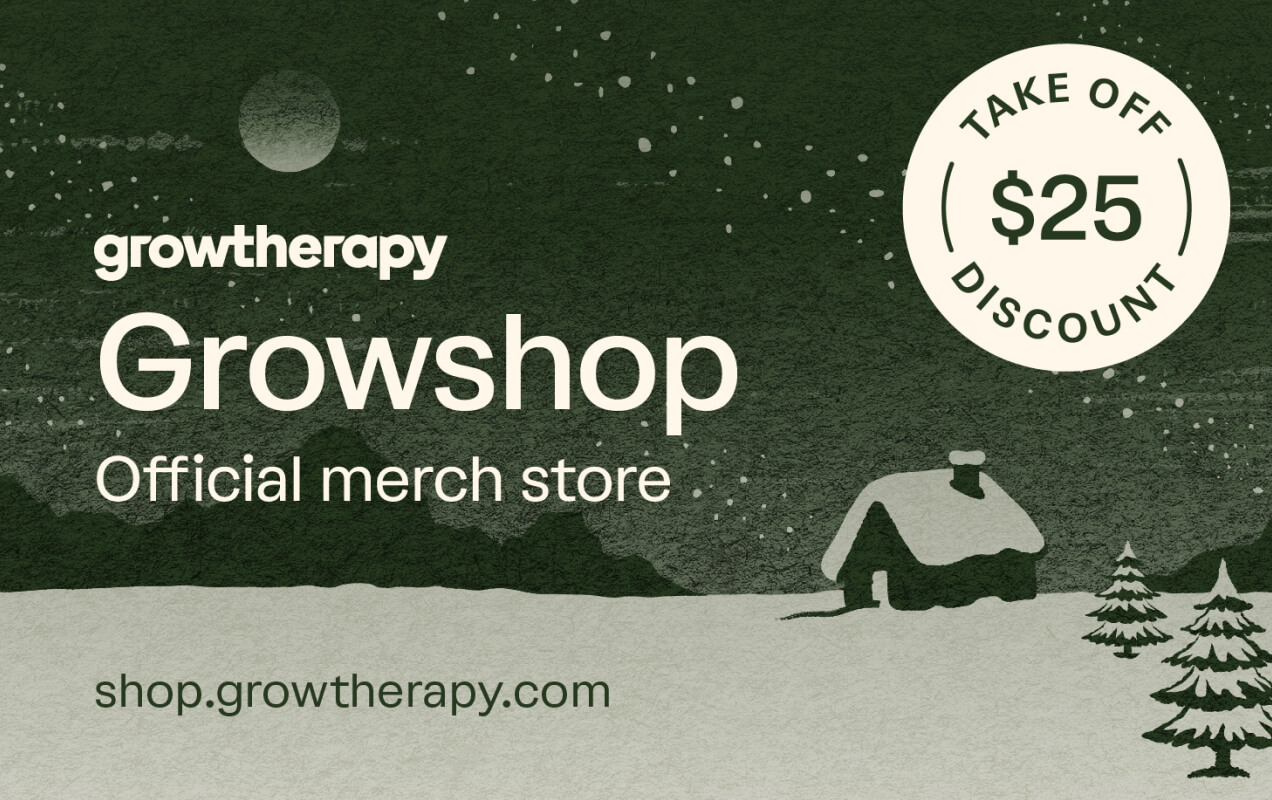 Winter-themed giftcard for Growshop. A small cabin sits in the snow. Snow-covered trees in the foreground. A starry night with a moon sits above.