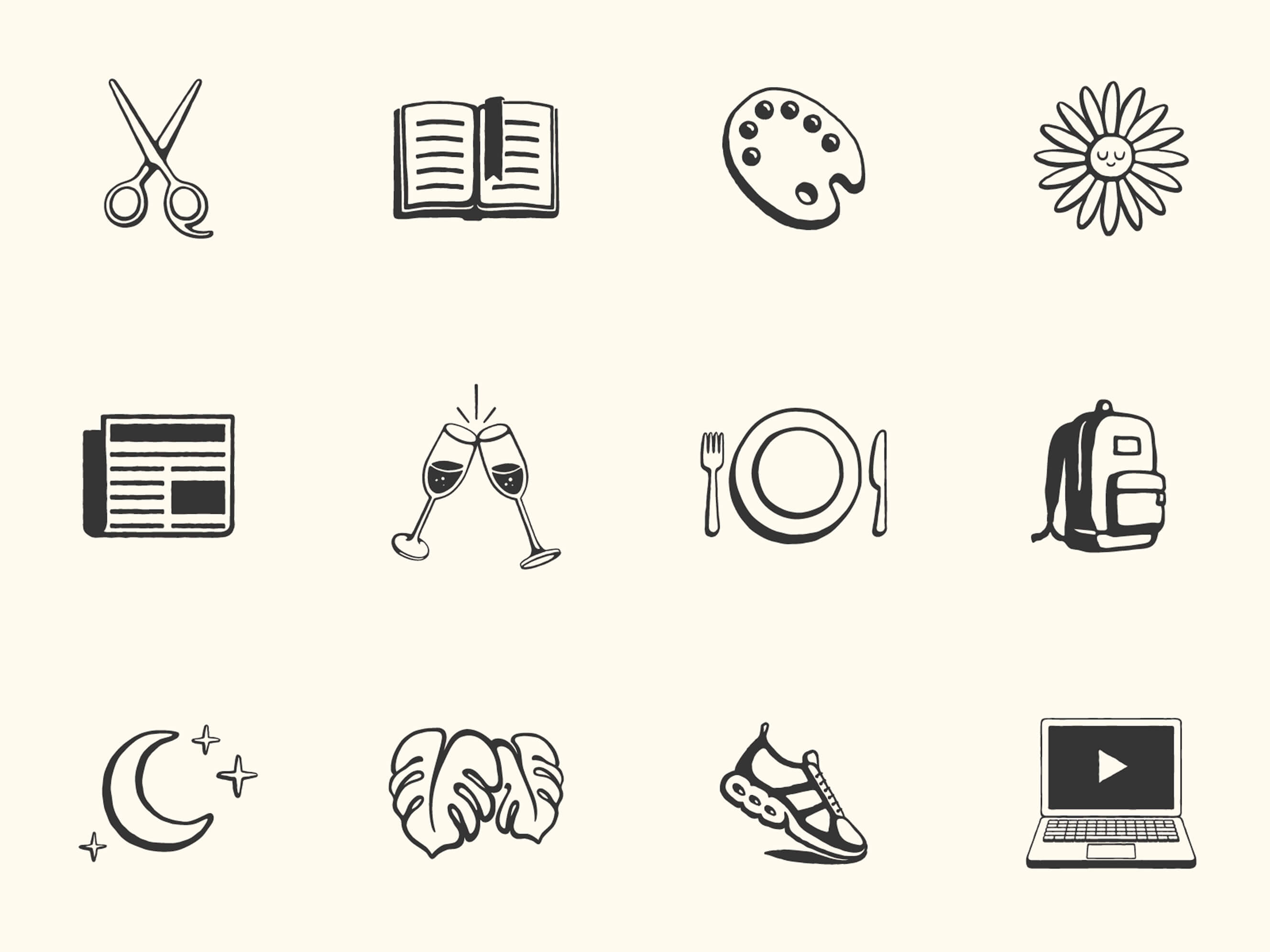 Illustrations of scissors, an open book, a palette with paint, a flower with a calm face, a newspaper, two clinking champagne glasses, a place setting, a backpack, a crescent moon with stars, monstera leaves, an athletic shoe, an open laptop with a play button on the screen.