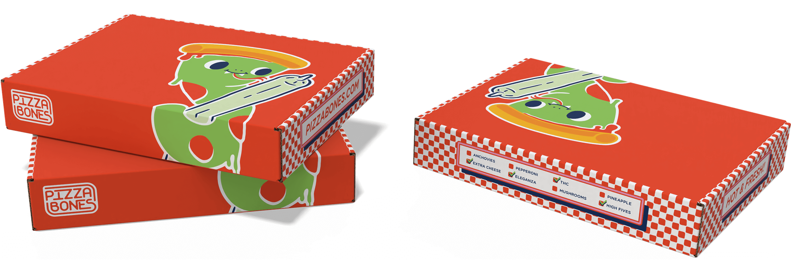 Mock ups of various angles of the Pizza Bones box with the Pizza Snake holding a joint.