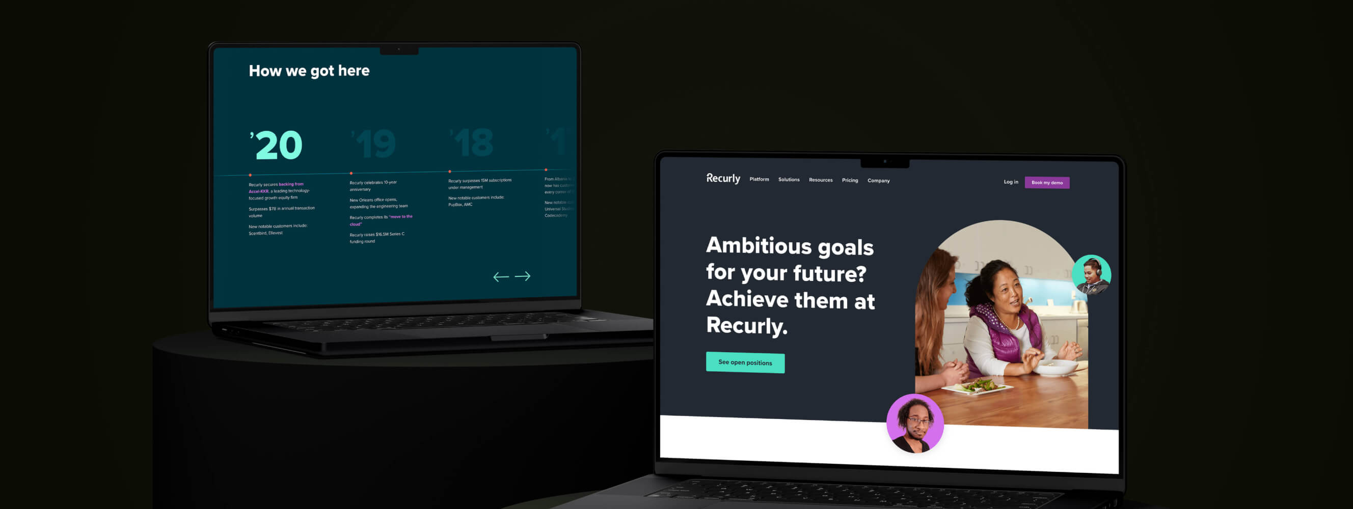 Image of Recurly About and Careers pages on MacBooks.