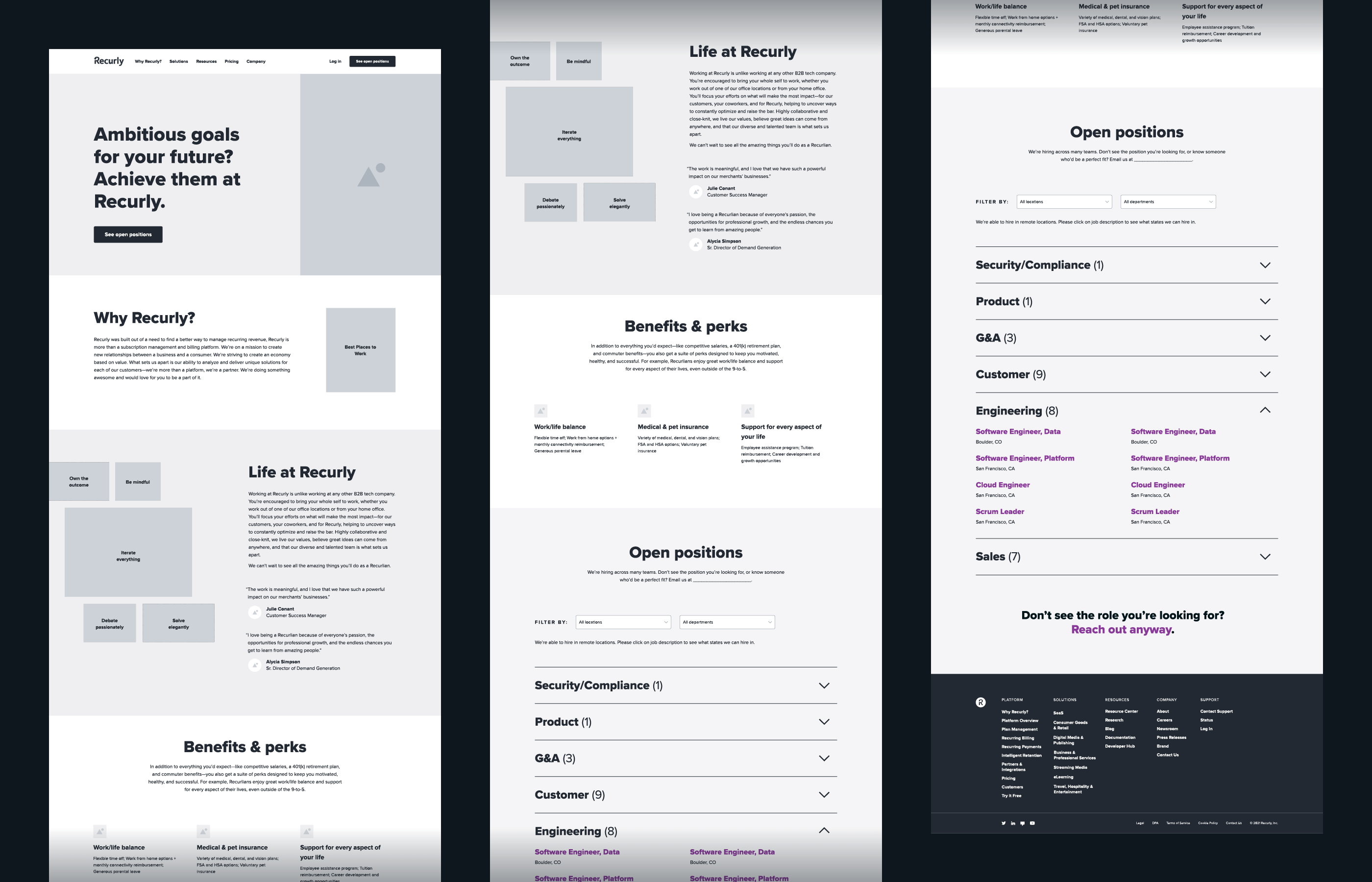 Recurly Careers page wireframes