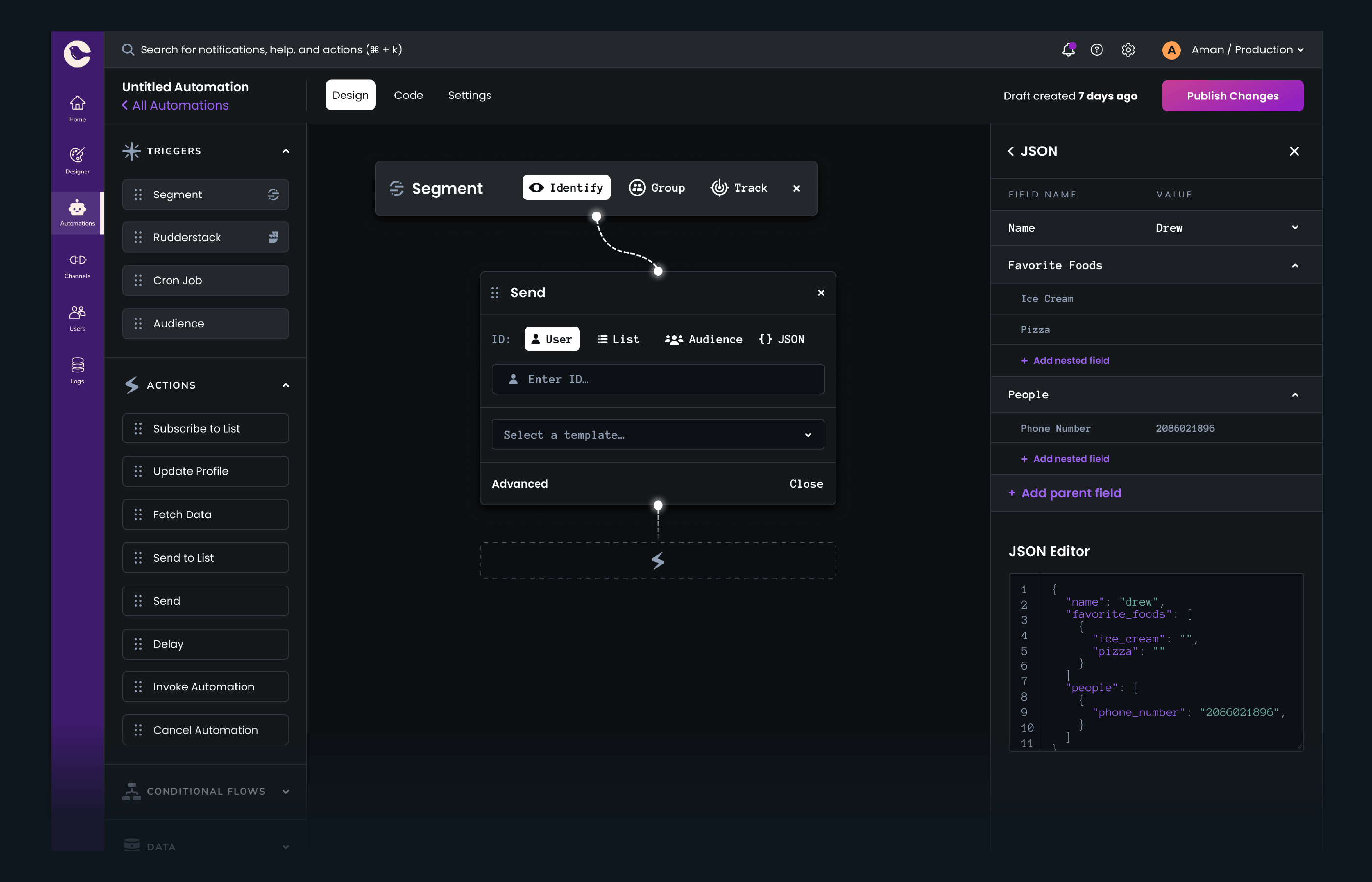 Automations design with dark theme in surrounding web app